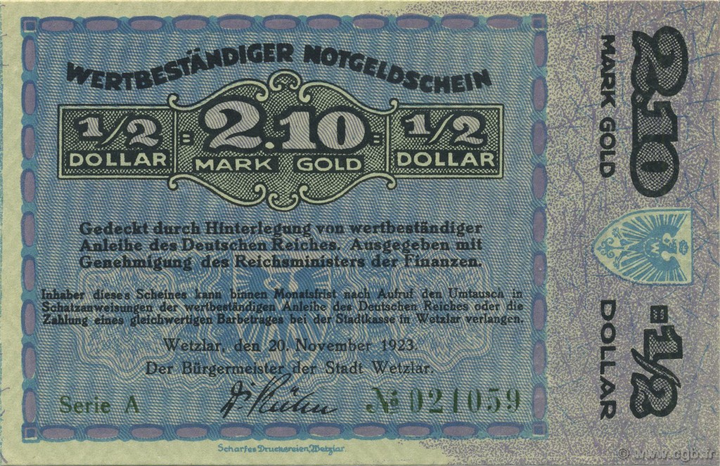 2,10 Goldmark GERMANY Wetzlar 1923 Mul.5105 UNC-
