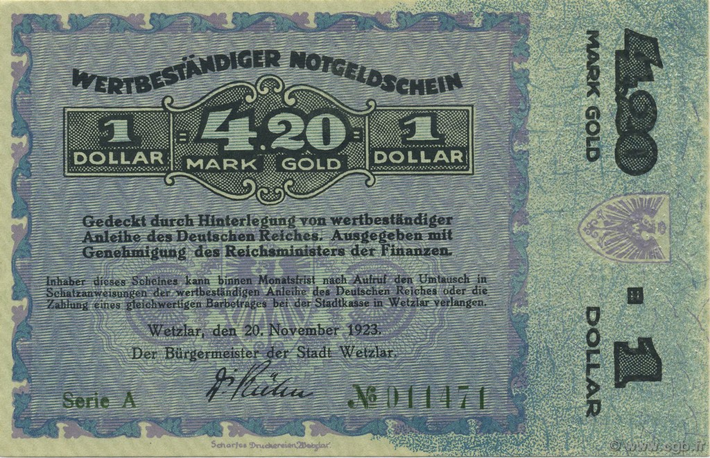 4,20 Goldmark GERMANY Wetzlar 1923 Mul.5105 UNC-