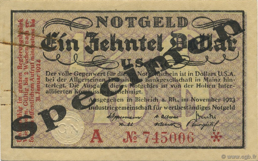 0,10 Dollar Spécimen GERMANY Biebrich 1923 Mul.0420s XF
