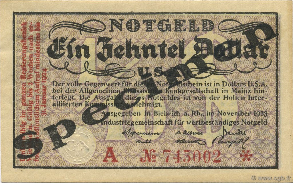 0,10 Dollar Spécimen ALEMANIA Biebrich 1923 Mul.0420s SC+