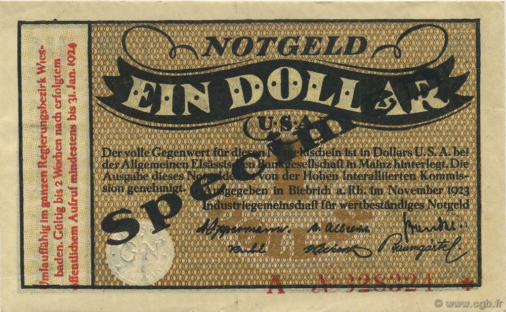 1 Dollar Spécimen GERMANIA Biebrich 1923 Mul.0420s q.FDC