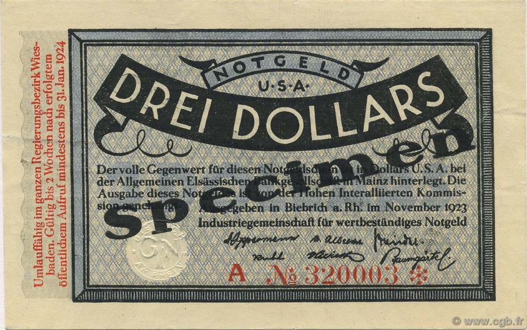 3 Dollars Spécimen ALEMANIA Biebrich 1923 Mul.0420s EBC