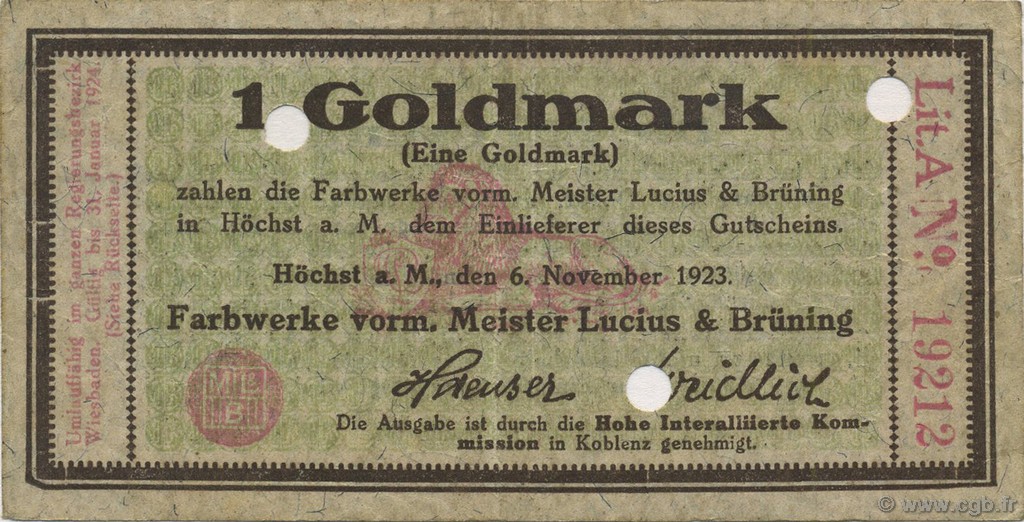 1 Goldmark ALEMANIA Hochst 1923 Mul.2525.1 MBC+