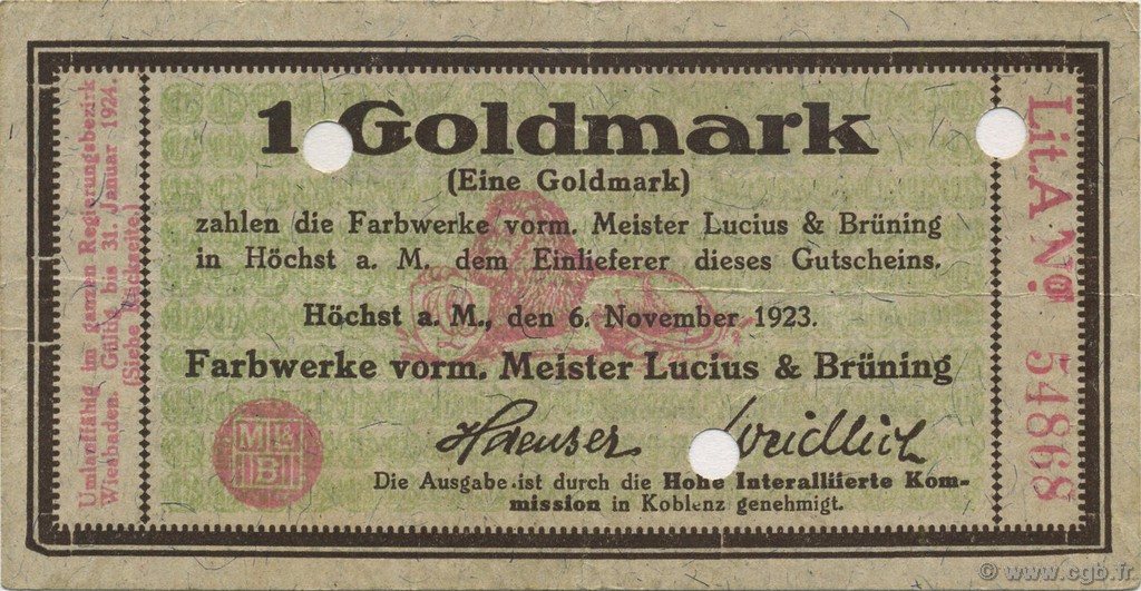 1 Goldmark DEUTSCHLAND Hochst 1923 Mul.2525.1 VZ