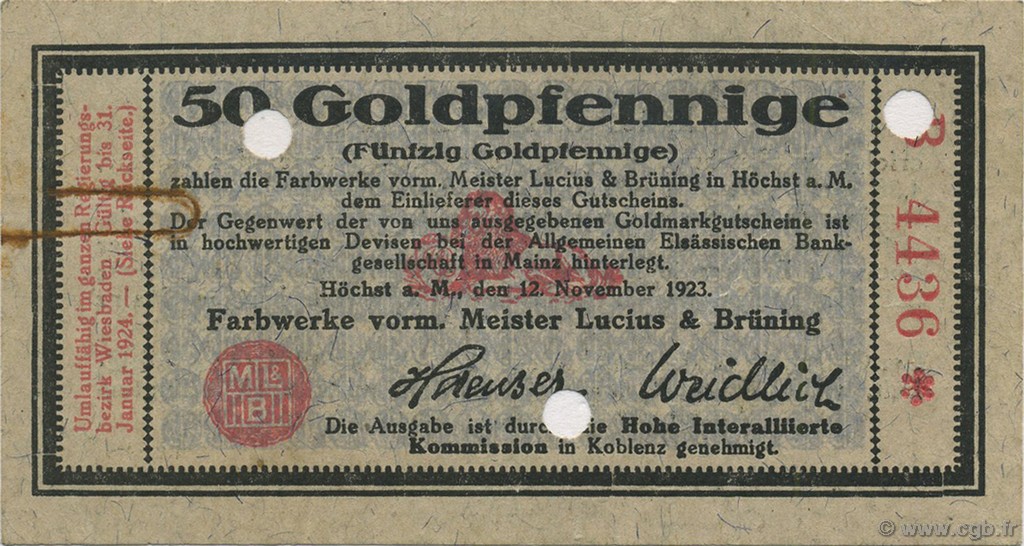 50 Goldpfennige GERMANY Hochst 1923 Mul.2525.3 XF