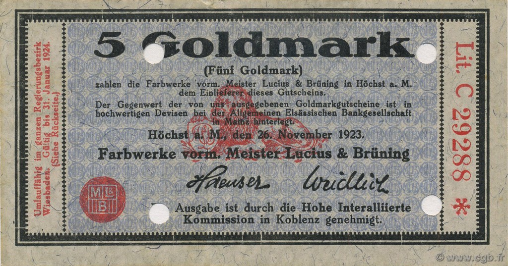 5 Goldmark ALEMANIA Hochst 1923 Mul.2525.7 SC