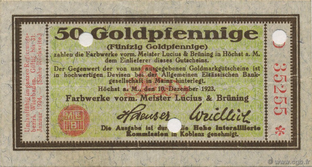 50 Goldpfennige GERMANY Hochst 1923 Mul.2525.8 XF