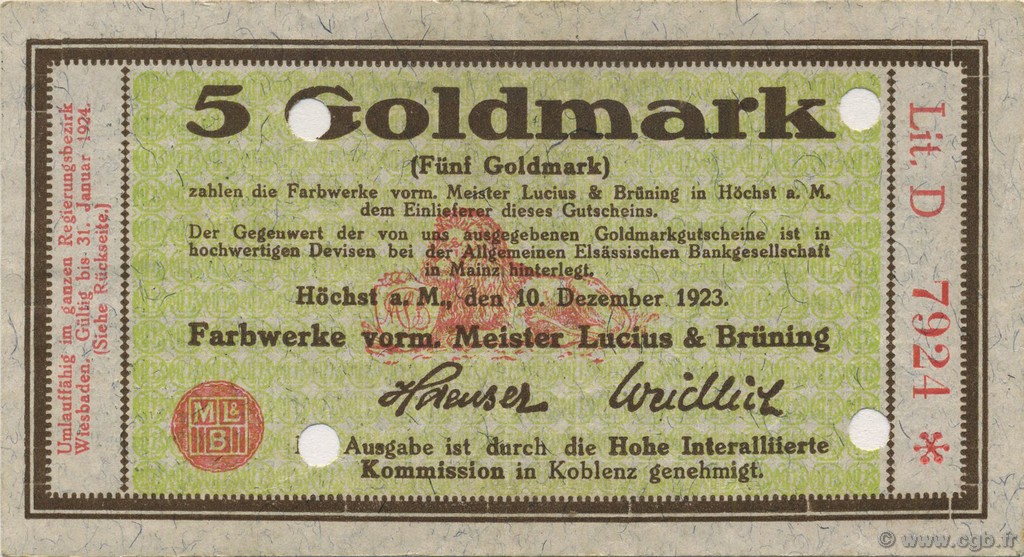 5 Goldmark GERMANIA Hochst 1923 Mul.2525.11 SPL+