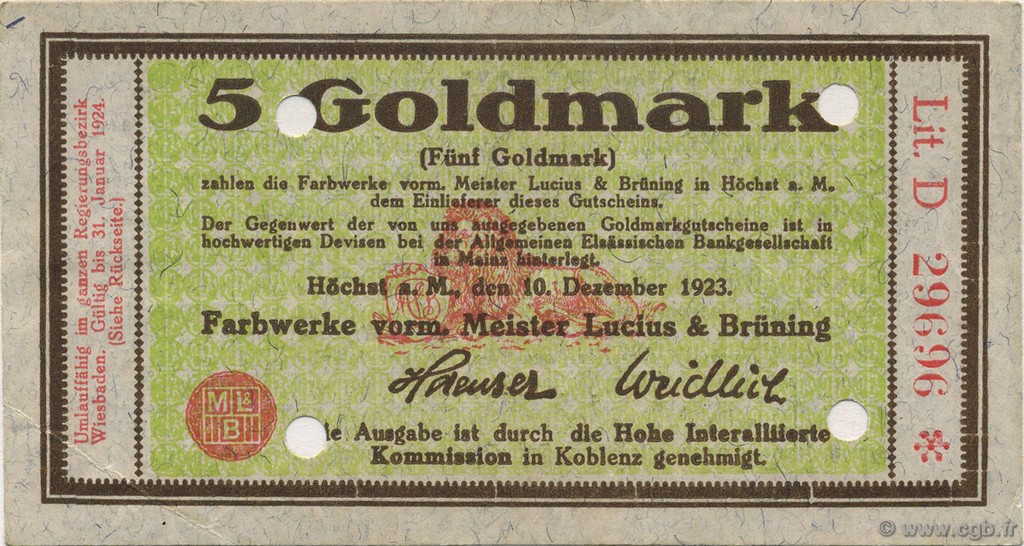 5 Goldmark ALEMANIA Hochst 1923 Mul.2525.11 EBC+