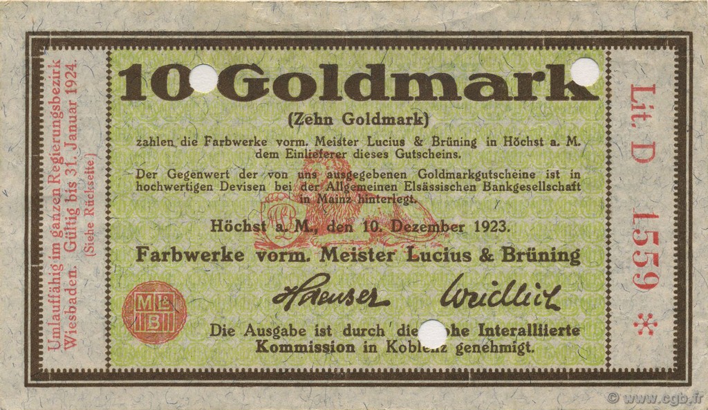 10 Goldmark ALLEMAGNE Hochst 1923 Mul.2525.12 SUP