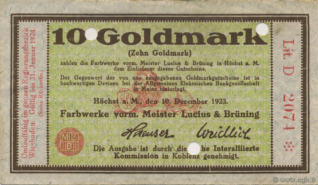 10 Goldmark GERMANIA Hochst 1923 Mul.2525.12 AU