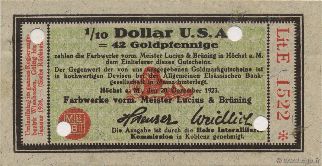 1/10 Dollar GERMANY Hochst 1923 Mul.2525.13 UNC-