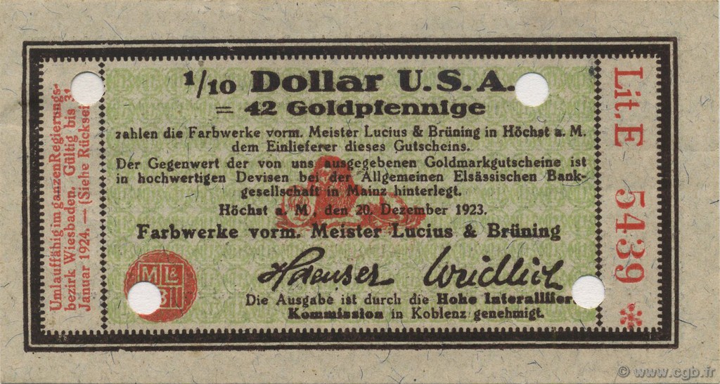 1/10 Dollar GERMANIA Hochst 1923 Mul.2525.13 q.FDC