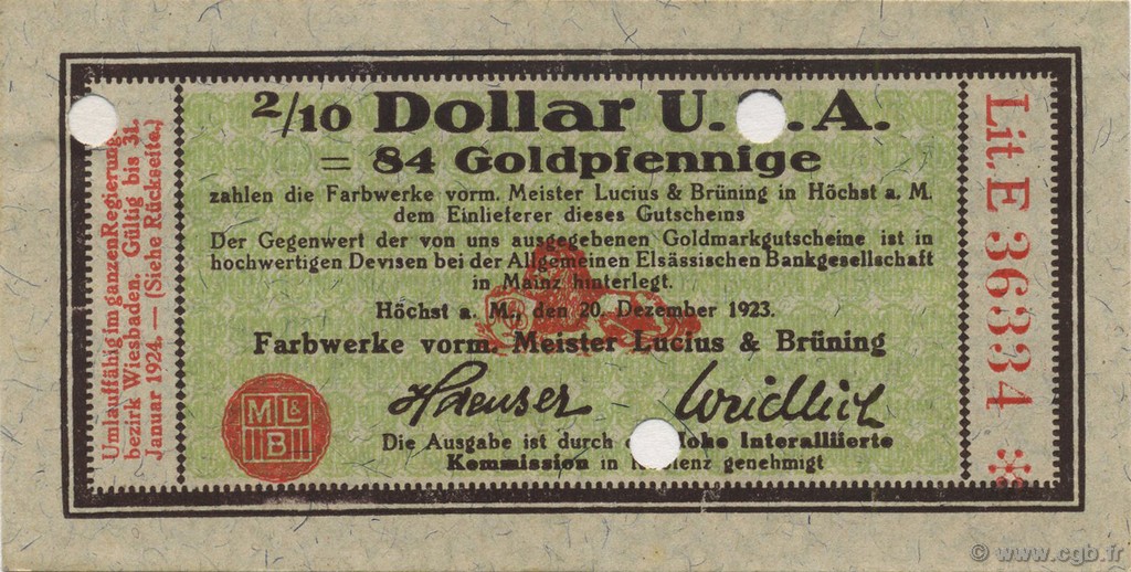 2/10 Dollar DEUTSCHLAND Hochst 1923 Mul.2525.14 fST+