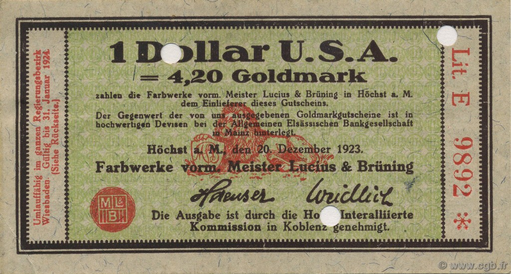 1 Dollar GERMANY Hochst 1923 Mul.2525.15 XF+