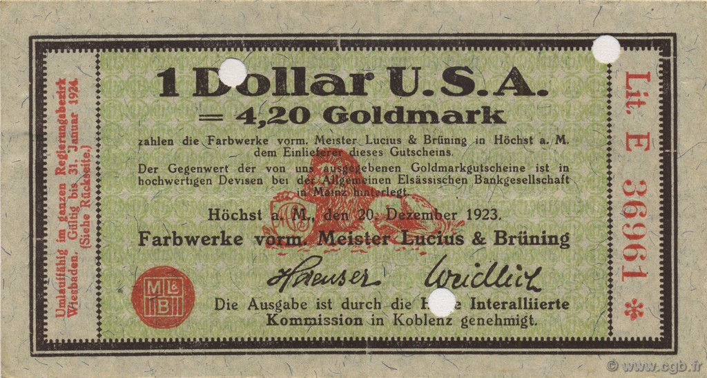 1 Dollar DEUTSCHLAND Hochst 1923 Mul.2525.15 VZ+