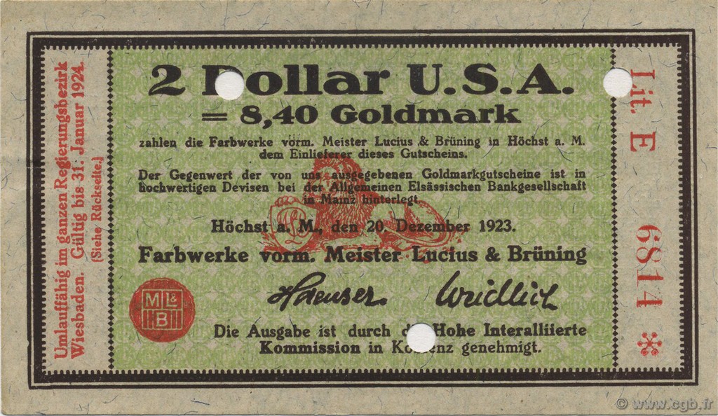 2 Dollar GERMANY Hochst 1923 Mul.2525.16 AU
