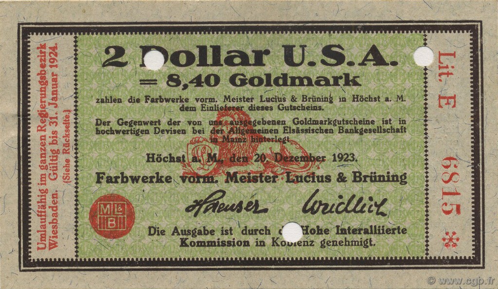 2 Dollar ALEMANIA Hochst 1923 Mul.2525.16 SC