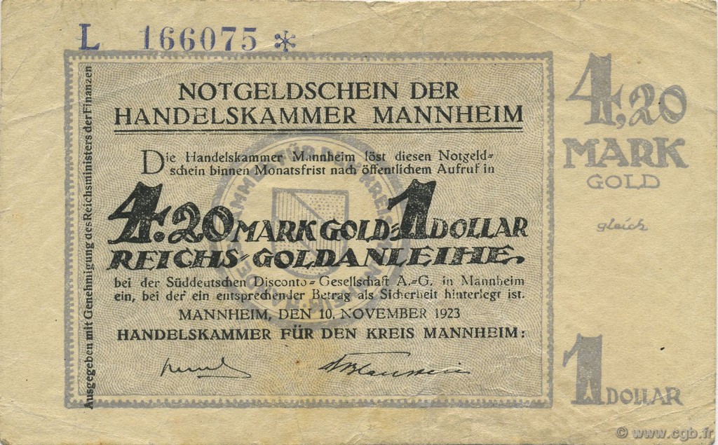 4,20 Mark Gold GERMANY Mannheim 1923 Mul.3155.5a VF