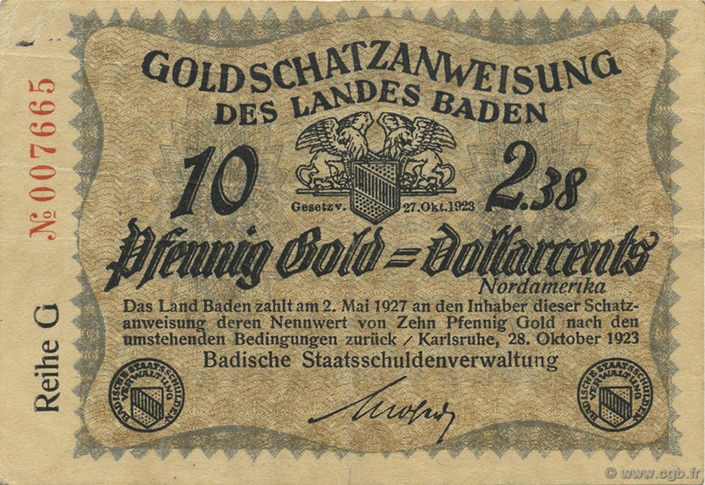 10 Pfennig Gold ALEMANIA Karlsruhe 1923 Mul.2725.3 EBC
