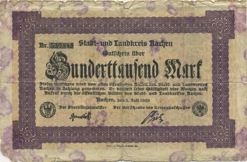 100000 Mark DEUTSCHLAND Aachen - Aix-La-Chapelle 1923  SGE