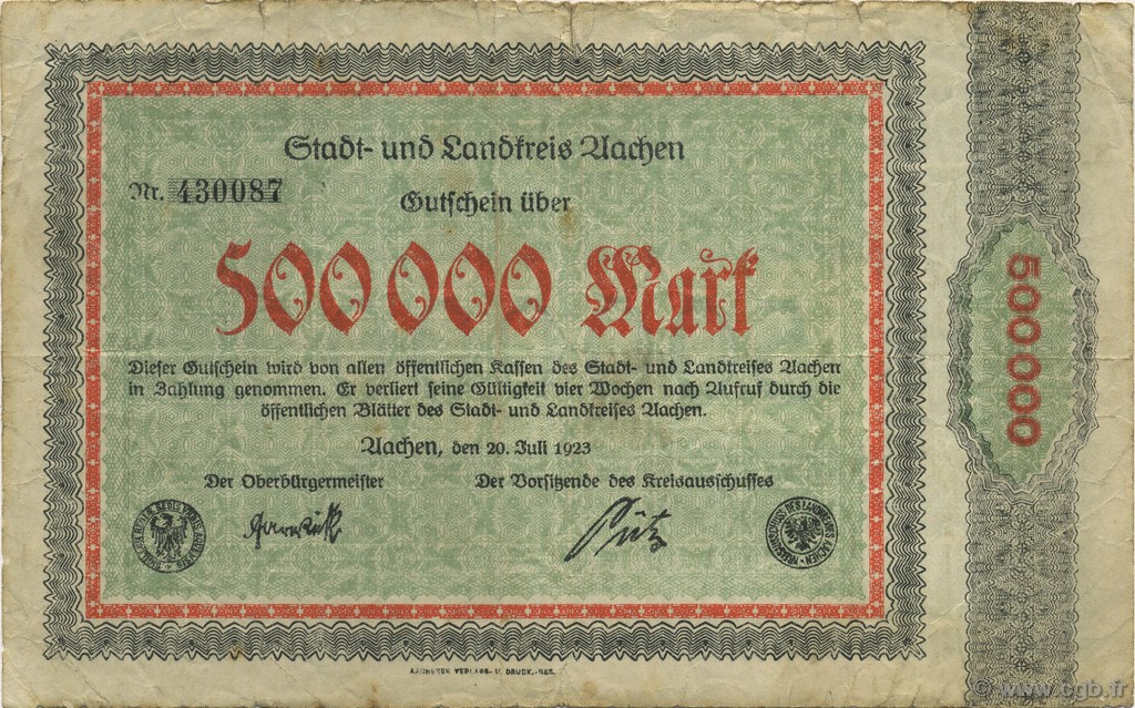 500000 Mark DEUTSCHLAND Aachen - Aix-La-Chapelle 1923  S