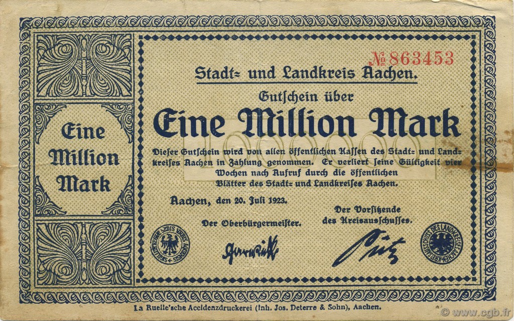 1 Million Mark ALLEMAGNE Aachen - Aix-La-Chapelle 1923  TTB