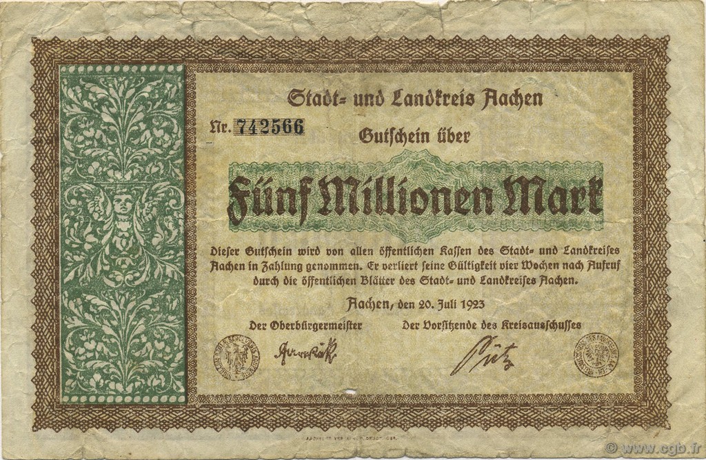 5 Millions Mark DEUTSCHLAND Aachen - Aix-La-Chapelle 1923  S