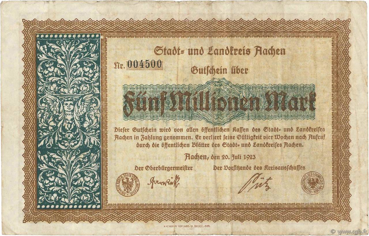5 Millions Mark GERMANY Aachen - Aix-La-Chapelle 1923  VF
