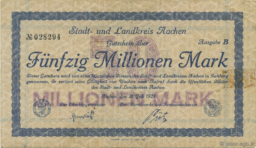 50 Millions Mark DEUTSCHLAND Aachen - Aix-La-Chapelle 1923  SS