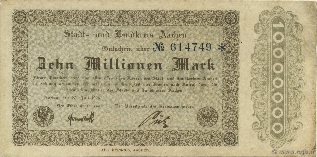 10 Millions Mark GERMANIA Aachen - Aix-La-Chapelle 1923  BB