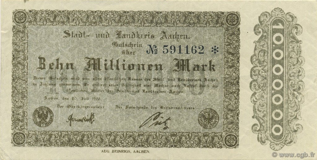 10 Millions Mark ALEMANIA Aachen - Aix-La-Chapelle 1923  EBC