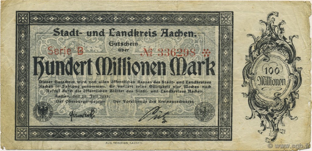 100 Millions Mark GERMANIA Aachen - Aix-La-Chapelle 1923  MB