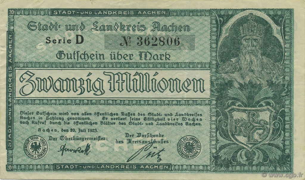 20 Millions Mark GERMANY Aachen - Aix-La-Chapelle 1923  VF