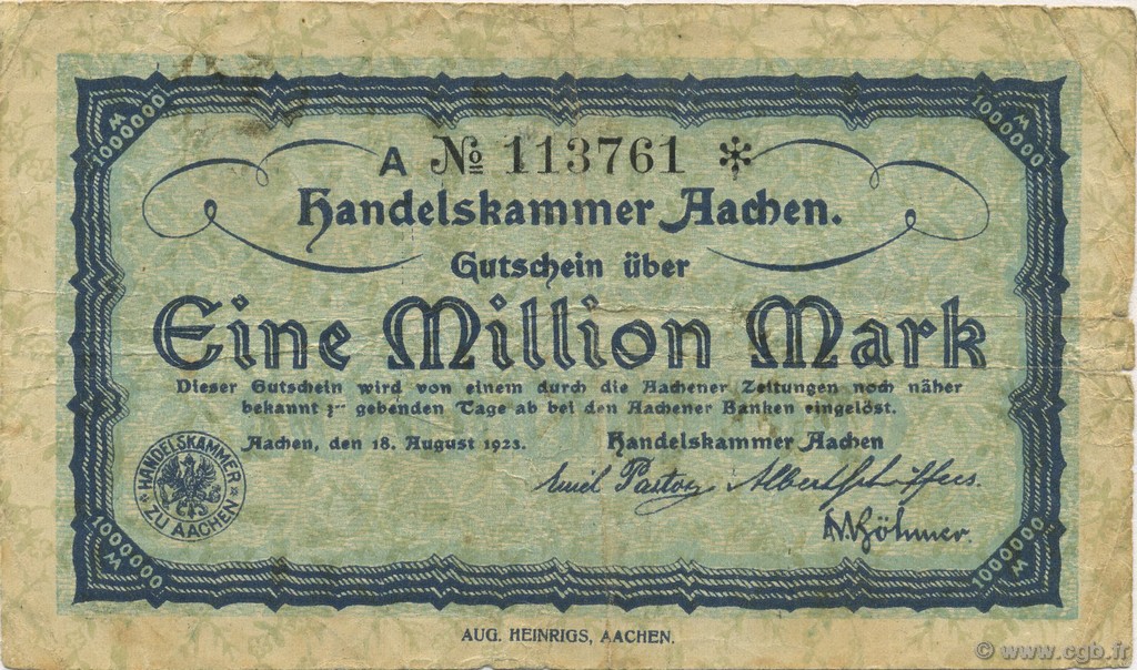 1 Million Mark GERMANY Aachen - Aix-La-Chapelle 1923  F+