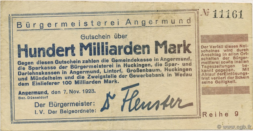 100 Milliards Mark GERMANY Angermund 1923  VF