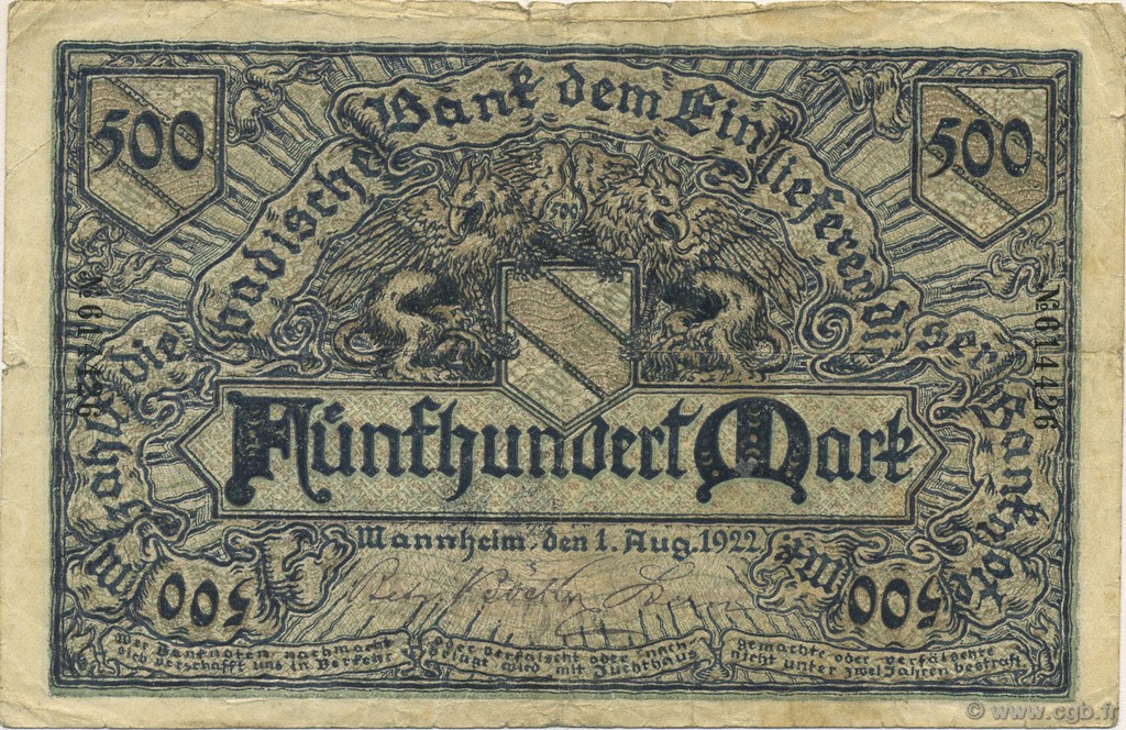 500 Mark DEUTSCHLAND Mannheim 1922 PS.0908 S