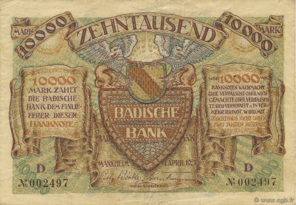10000 Mark GERMANY Mannheim 1923 PS.0910 VF