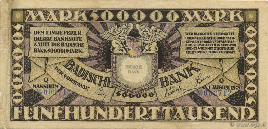 500000 Mark DEUTSCHLAND Mannheim 1923 PS.0911 fVZ