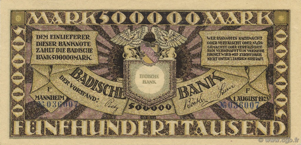 500000 Mark GERMANY Mannheim 1923 PS.0911 UNC-