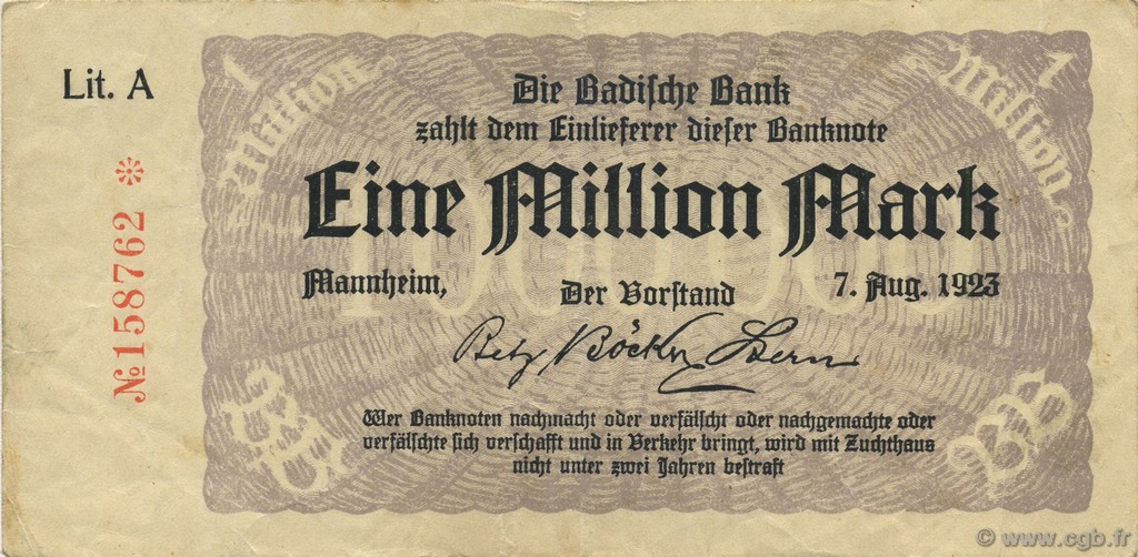 1 Million Mark GERMANY Mannheim 1923 PS.0912 VF