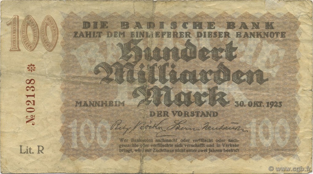 100 Milliards Mark GERMANY Mannheim 1923 PS.0914 F+