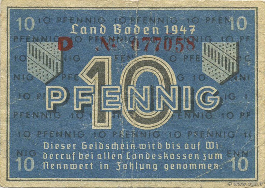 10 Pfennig GERMANY Baden 1947 PS.1002a VF-