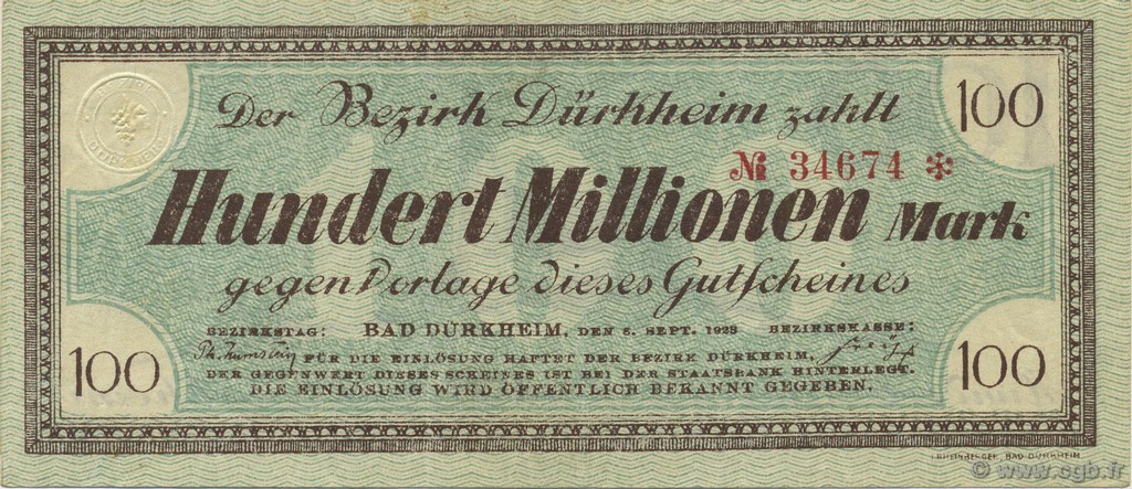 100 Millions Mark GERMANY Bad Dürkheim 1923  VF+