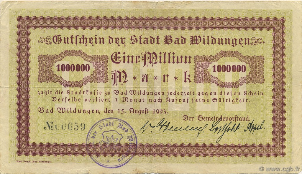 1 Million Mark GERMANIA Bad Wildungen 1923  q.BB
