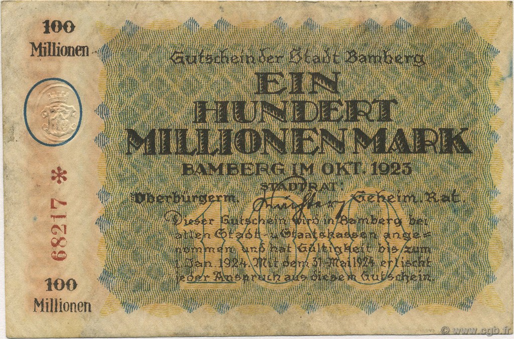 100 Millions Mark GERMANY Bamberg 1923  VF