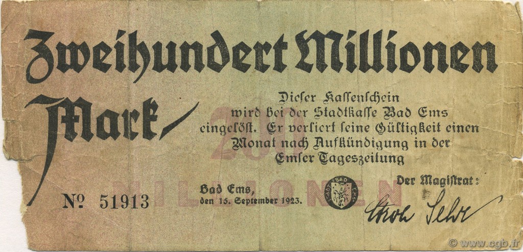 200 Millions Mark GERMANIA Bad Ems 1923  B