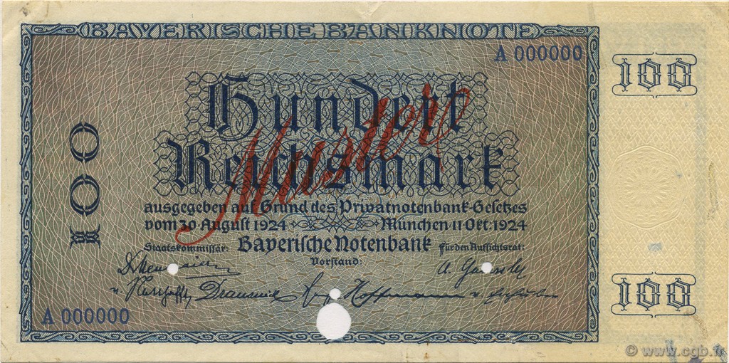 100 Reichsmark Spécimen DEUTSCHLAND Munich 1924 PS.0942s VZ+