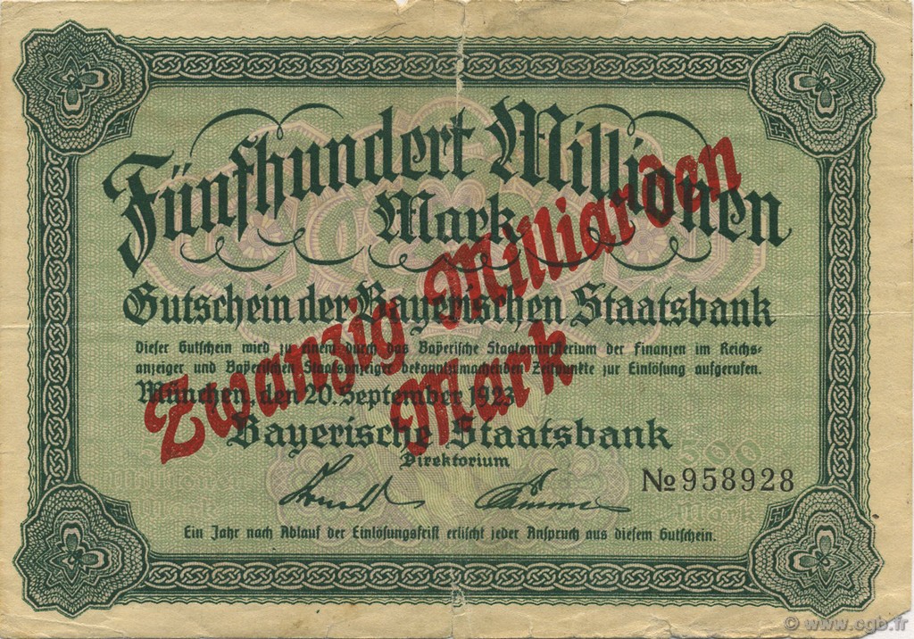 20 Milliards Mark GERMANY Müchen / Munich 1923  F
