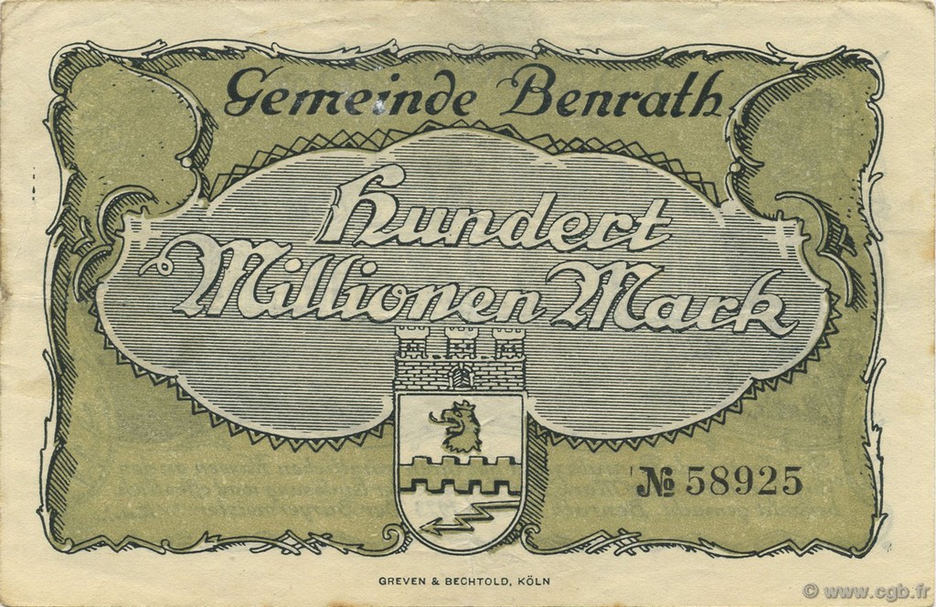 100 Millions Mark GERMANY Benrath 1923  VF